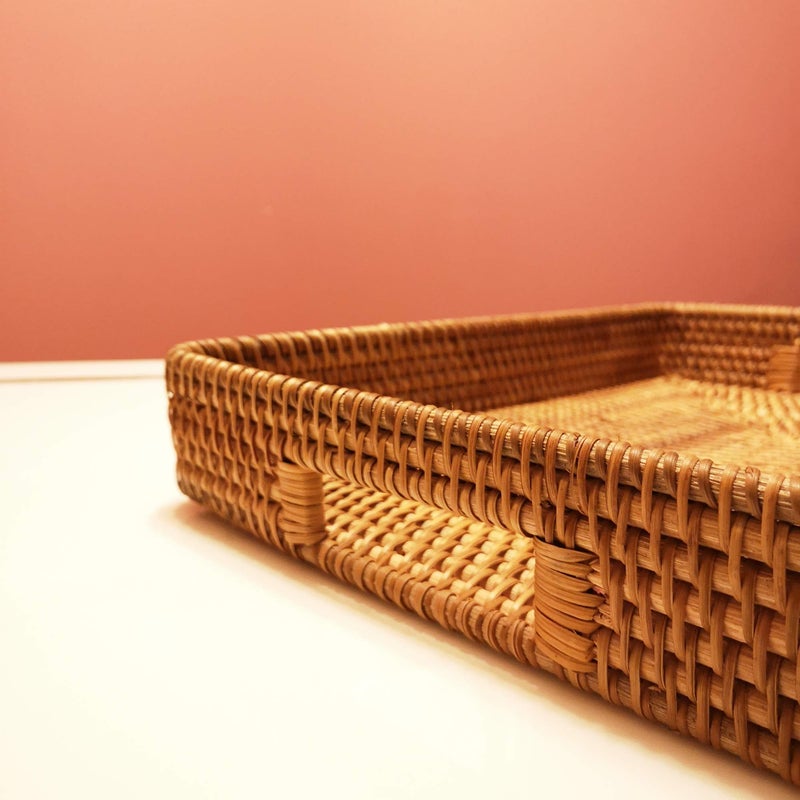 i-lan 13 Inch Handcrafted Serving Tray Rectangle Rattan Display Tray Plates with Cutout Handles and 2" Wall,Wicker Ottoman Coffee Table Decor Basket Tray Organizer Platter for Snack, Candy, Fruit,S - Image 3